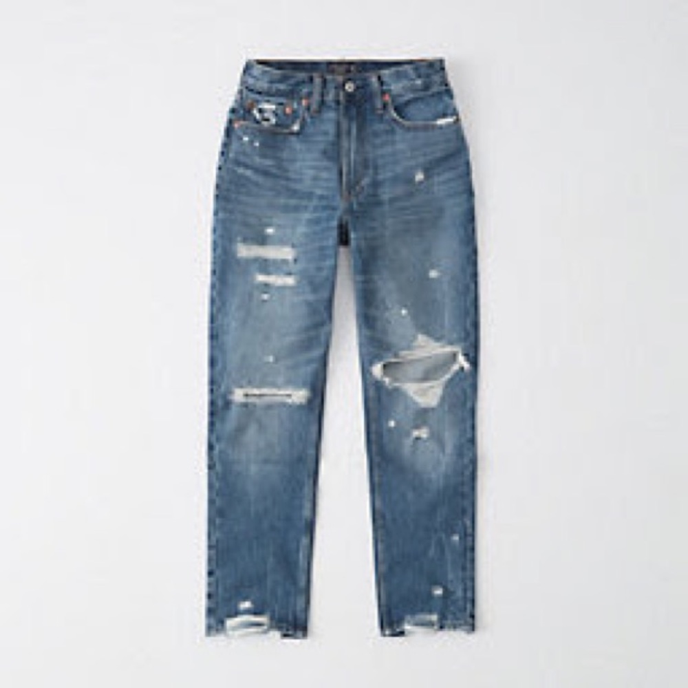 Abercrombie & Fitch High Rise Pipped Mom Jean size 24 Dark Destroyed Wash - Picture 2 of 11